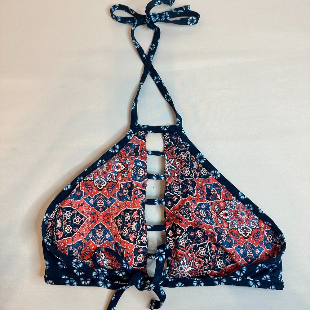 Lucky Brand Navy/Coral Festival Medallion Reversible High Neck Bikini Top - XS/S - Picture 5 of 8